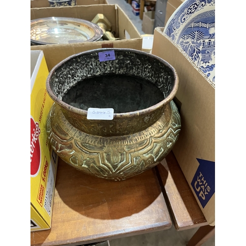 34 - Brass jardiniere, pictures etc.