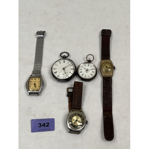 342 - Two silver keyless watches and three wristwatches