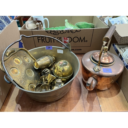 36 - A Victorian copper kettle; a brass preserving pan and other brassware