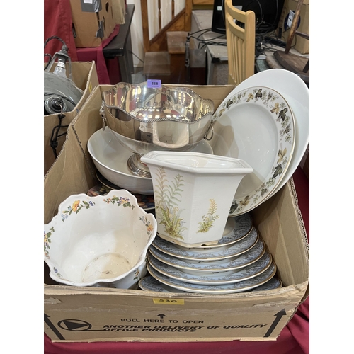 568 - Two boxes of ceramics and platedware