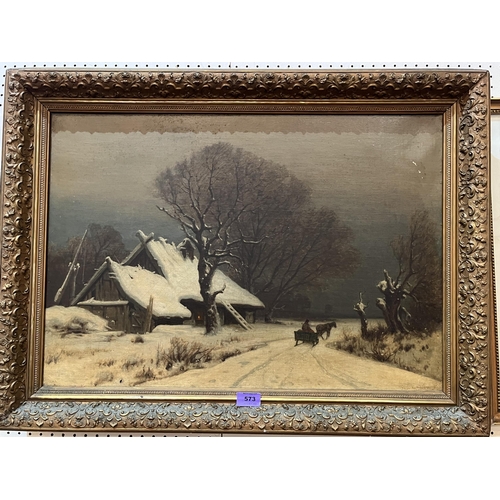 573 - GERMAN SCHOOL. 19TH CENTURY A snow scene at dusk with cottage, figure and sled. Oil on canvas 19' x ... 