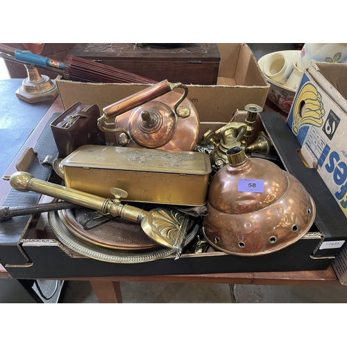 58 - A box of brass and copperware