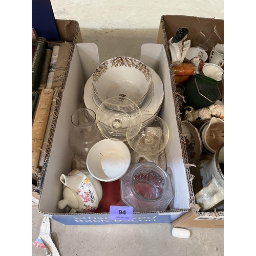 94 - Two boxes of ceramics and glassware