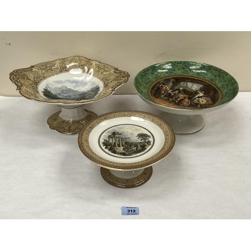 312 - Three 19th century Prattware comports. 13' wide and smaller. One with rim chip