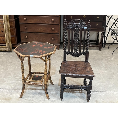 373 - A Victorian bamboo centre table and a Franco-Flemish oak side chair