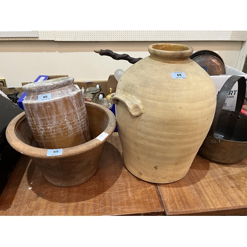 65 - An earthenware jar, 17' high and two terracotta vessels