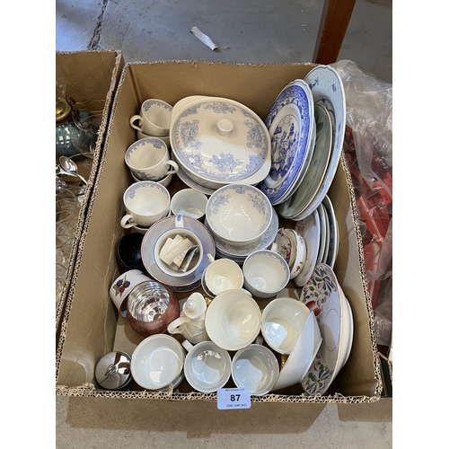 87 - Three boxes of ceramics, glassware and sundries