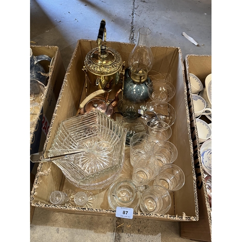 87 - Three boxes of ceramics, glassware and sundries