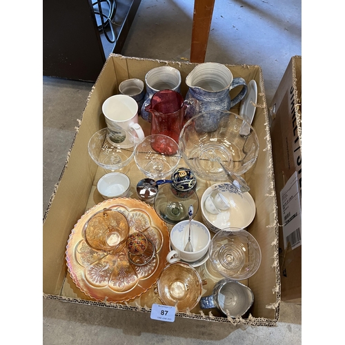 87 - Three boxes of ceramics, glassware and sundries