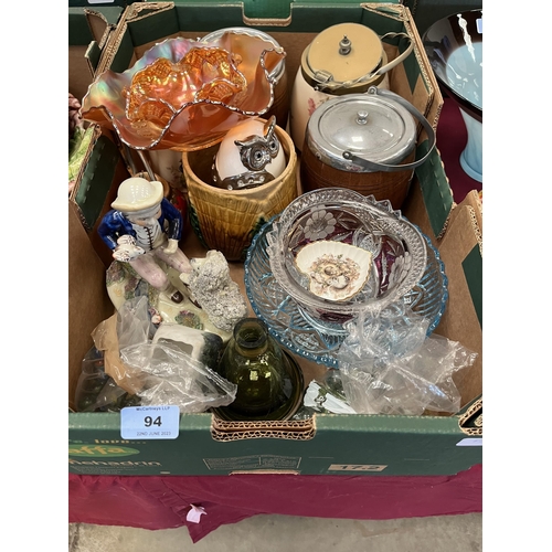 94 - A box of biscuit barrels and glassware etc.