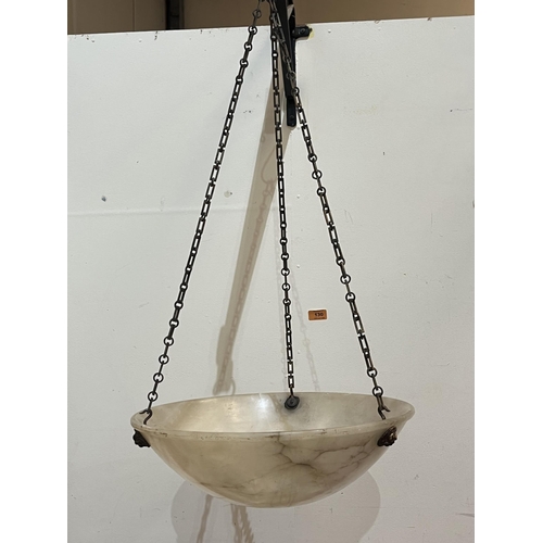 130 - An early 20th century alabaster plafonnier hanging shade with gilt brass suspension chains. Probably... 