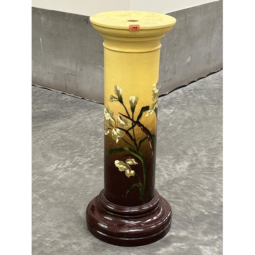145 - A Victorian Burmantofts Faience jardiniere pedestal, painted with iris flowers on a yellow and brown... 