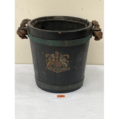 147 - Country house coopered fire bucket with royal armorial. 12½' high.
