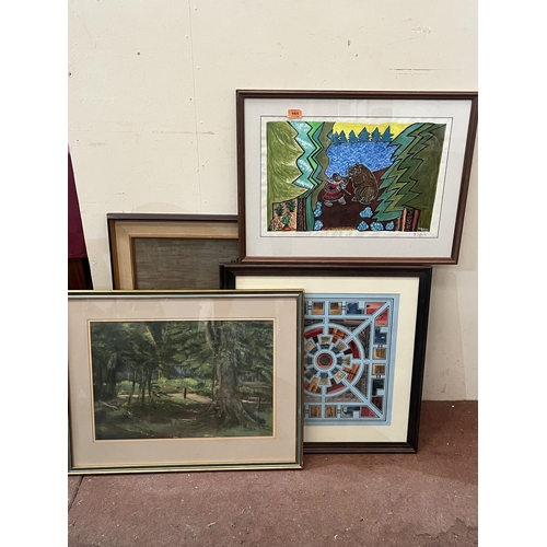 161 - A pair of framed collages; a pastel drawing and two prints.