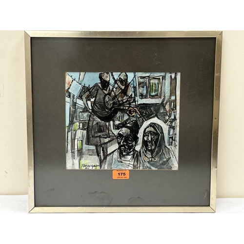 175 - FARAH GABBNI. 20th Century Figures in a town. Signed and dated 1971. Mixed media on paper 9'x10'