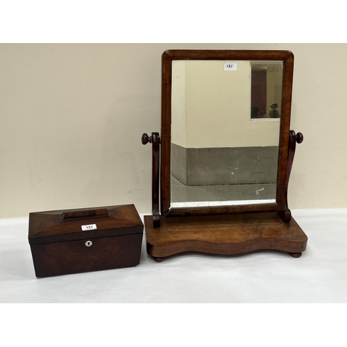 121 - A Regency rosewood sarcophagus tea caddy (interior gutted) and a Victorian mahogany dressing mirror.