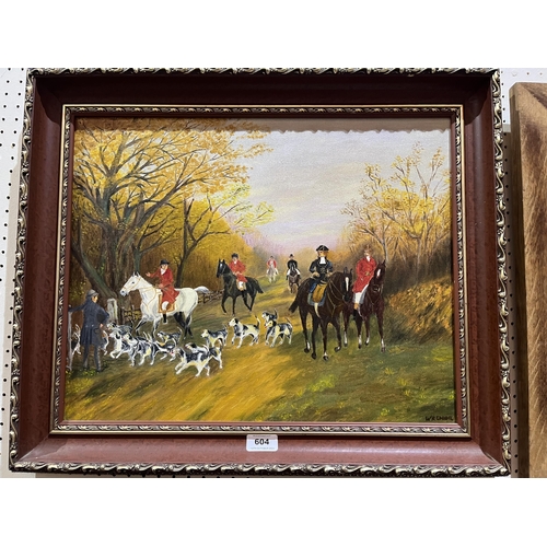 604 - W.R. GREEN. 20TH CENTURY NAIVE SCHOOL. Huntsmen and hounds. Signed. Oil on canvas. 16