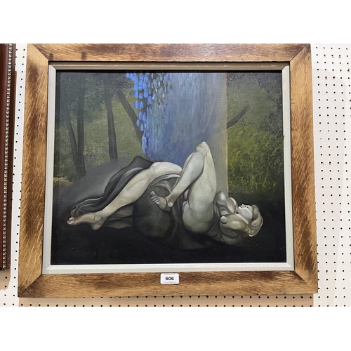 606 - ENGLISH SCHOOL. CONTEMPORARY. A reclining nude. Oil on board 17½
