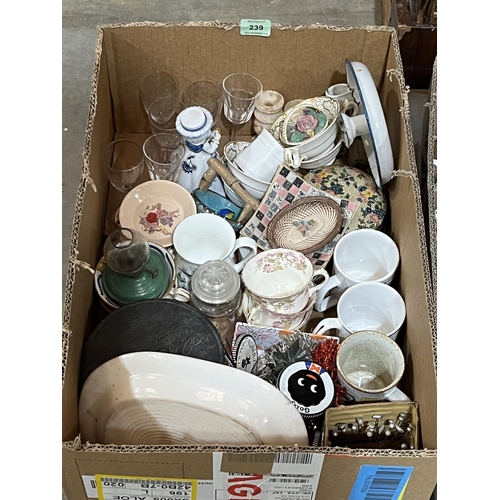 239 - Two boxes of ceramics, plate and sundries.