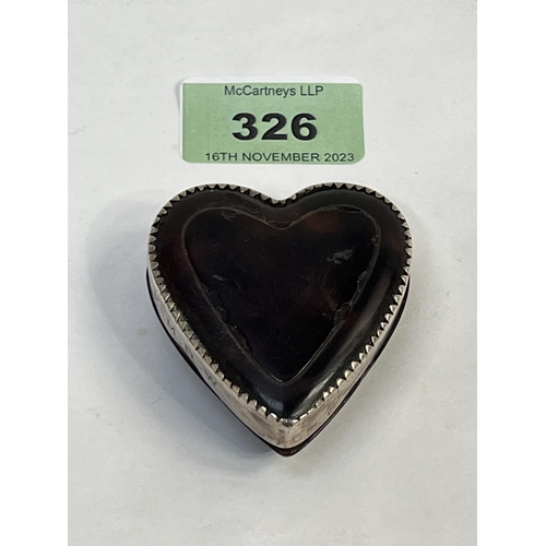 326 - A tortoiseshell and silver mounted heart shaped box. Engraved initials and date 1926. 2