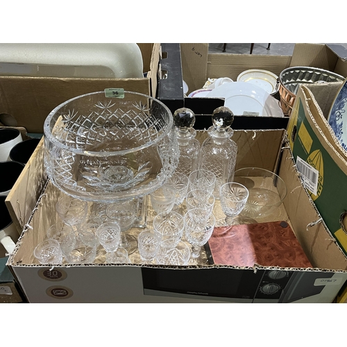 36 - A glass cut fruit bowl, two decanters and miscellaneous drinking glasses