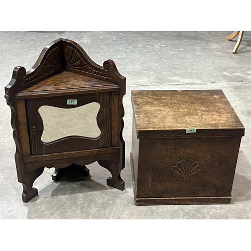 387 - An oak hanging corner cupboard and a mahogany coal box.