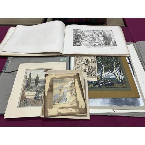 436 - A folio of watercolour drawings and an album of 19th century German prints.