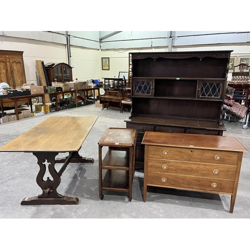 485 - A mahogany chest of drawers; a dresser; a refectory style table and tea trolley. (4)