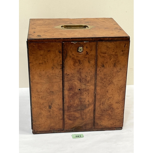 583 - A Victorian burr walnut humidor cabinet with Bramah lock, the interior retaining one drawer (origina... 