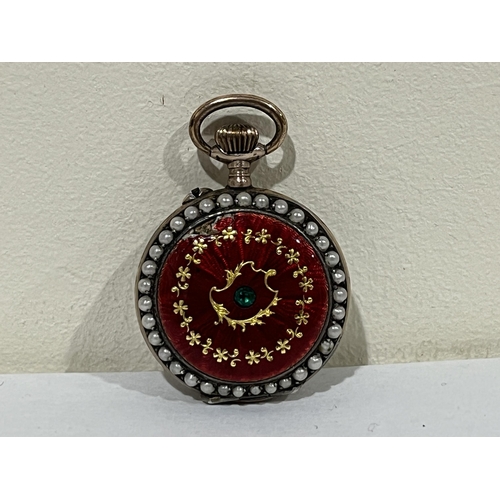 124 - A 19th century keyless lever fob watch, the enamel dial with Arabic numerals, set with  split pearls... 