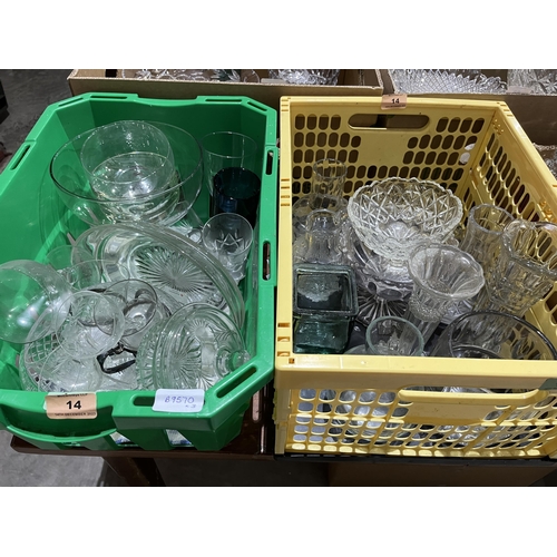 14 - Three boxes of miscellaneous glassware and a glass chamber jug and bowl (Repaired).