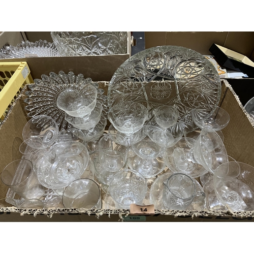 14 - Three boxes of miscellaneous glassware and a glass chamber jug and bowl (Repaired).