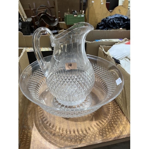 14 - Three boxes of miscellaneous glassware and a glass chamber jug and bowl (Repaired).