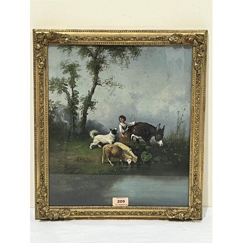 209 - CONTINENTAL SCHOOL. 19TH CENTURY. Child with donkey sheep and hound by a pool. Oil on board 15½