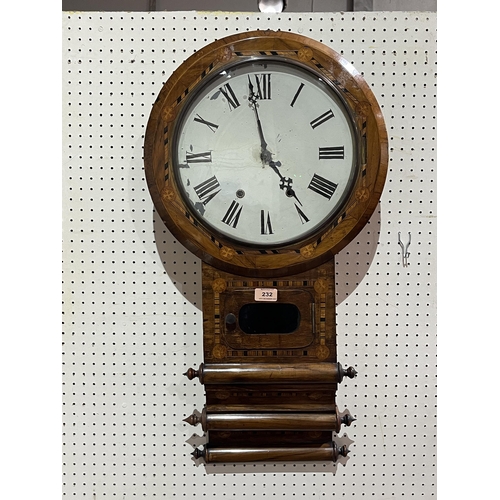 232 - A walnut and inlaid drop cased wall clock with American movement. 30