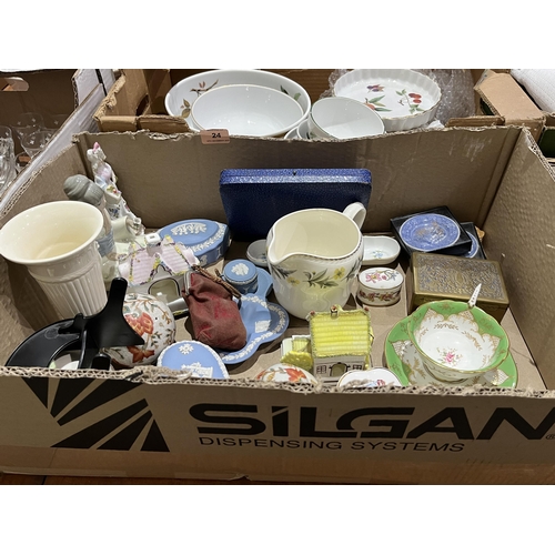 24 - Three boxes of ceramics and glassware.