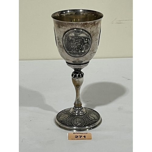 271 - A 19th century Russian plated chalice, the bowl with three coin medallions. 7