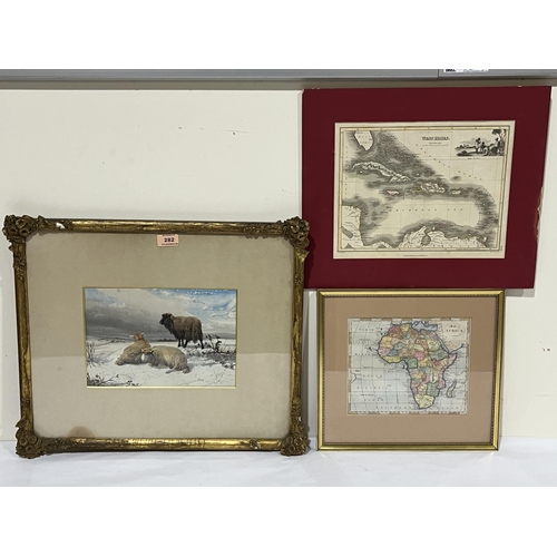 282 - A gilt framed print after Thomas Sidney Cooper; an engraved map of Africa and another map of the Wes... 