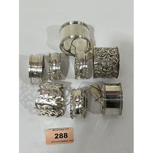 288 - Eight silver napkin rings. 4ozs 8dwts.