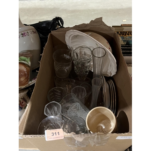 311 - Three boxes of ceramics, glassware and sundries.