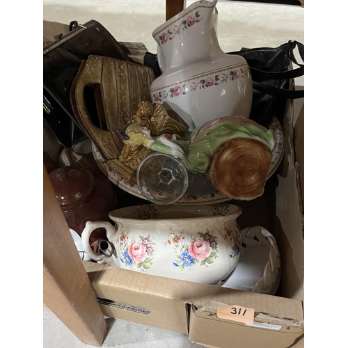 311 - Three boxes of ceramics, glassware and sundries.