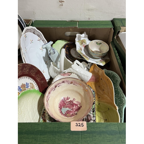 325 - Two boxes of ceramics and glassware.