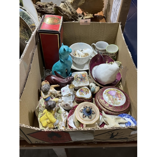 38 - Two boxes of ceramics and sundries.