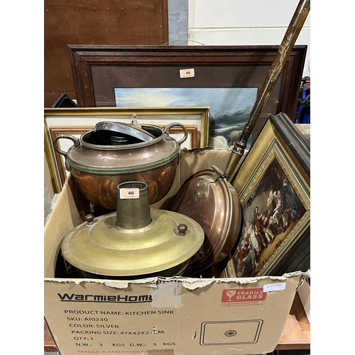 46 - A box of brass and copperware with four framed prints.