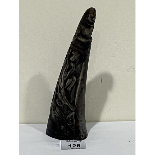 126 - A bovine horn carved with reptiles and figural terminal. 8