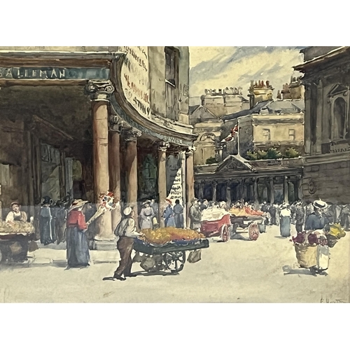 155 - SARAH ELIZABETH ROBERTS HORTON; B.W.S; BRITISH 1865-1959 A Street Market, probably Bath. Signed. Wat... 