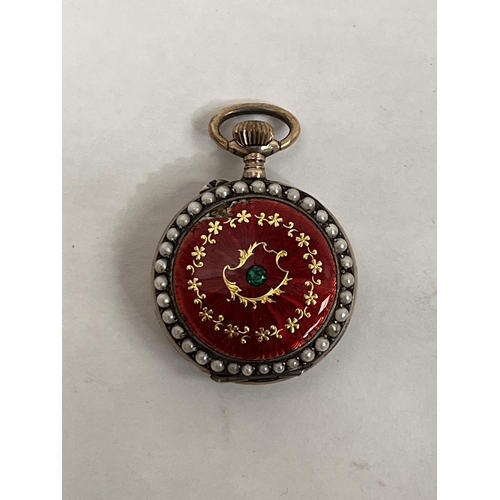 233 - A 19th century keyless lever fob watch, the enamel dial with Arabic numerals, set with split pearls ... 