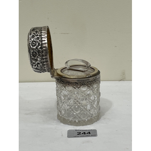 244 - A Victorian hobnail cut jar with silver mount and repousse lid. Birmingham 1892. 3¾