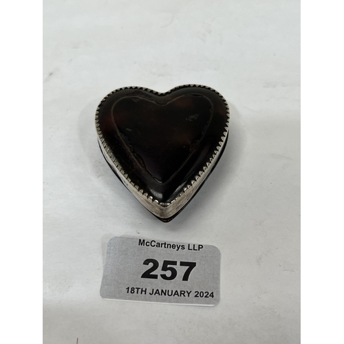 257 - A tortoiseshell and silver mounted heart shaped box. engraved initials and date 1926. 2