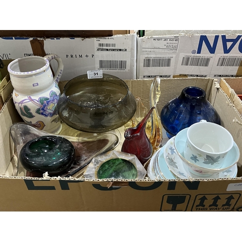 31 - A box of ceramics and glassware.